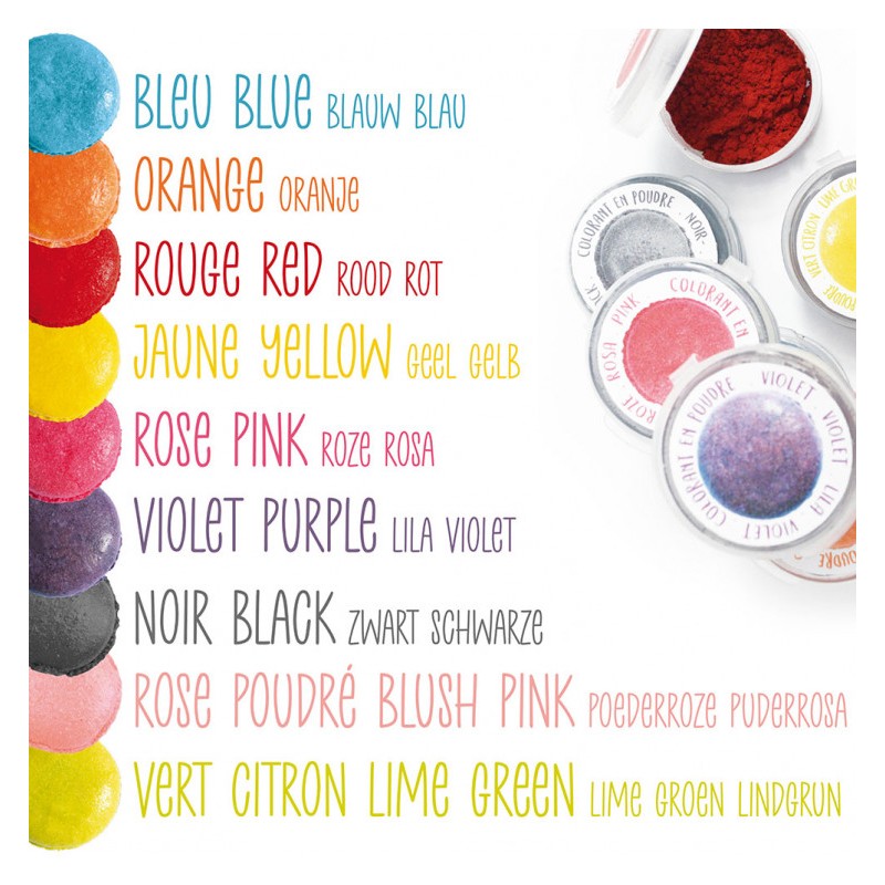 Kit de colorants alimentaires en poudre : 9 coloris de 2g